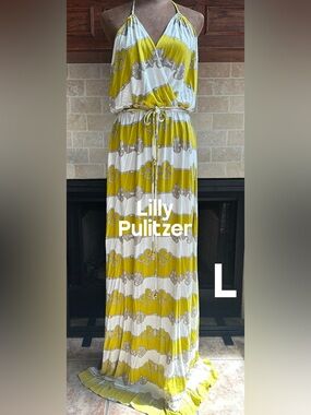 Lilly Pulitzer Yellow Rope Print Halter Maxi Dress Jersey Drawstring Waist